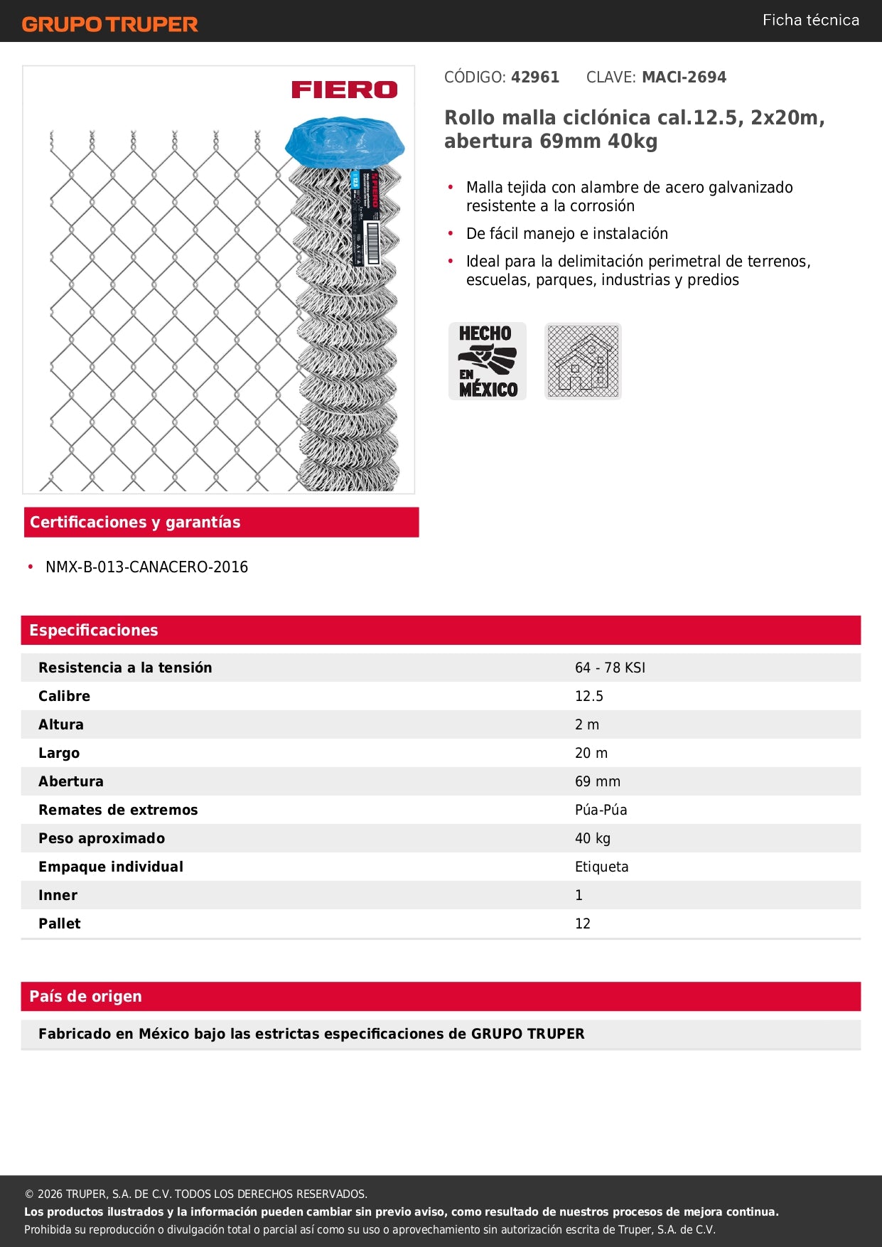 Malla Ciclónica Galvanizada Cal.12.5 - Rollo 2x20m para Cercado Industrial, Residencial y Delimitación de Perímetros