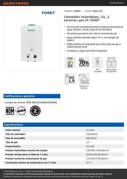 Calentador instantáneo, 11L, 2 servicios, gas LP, FOSET