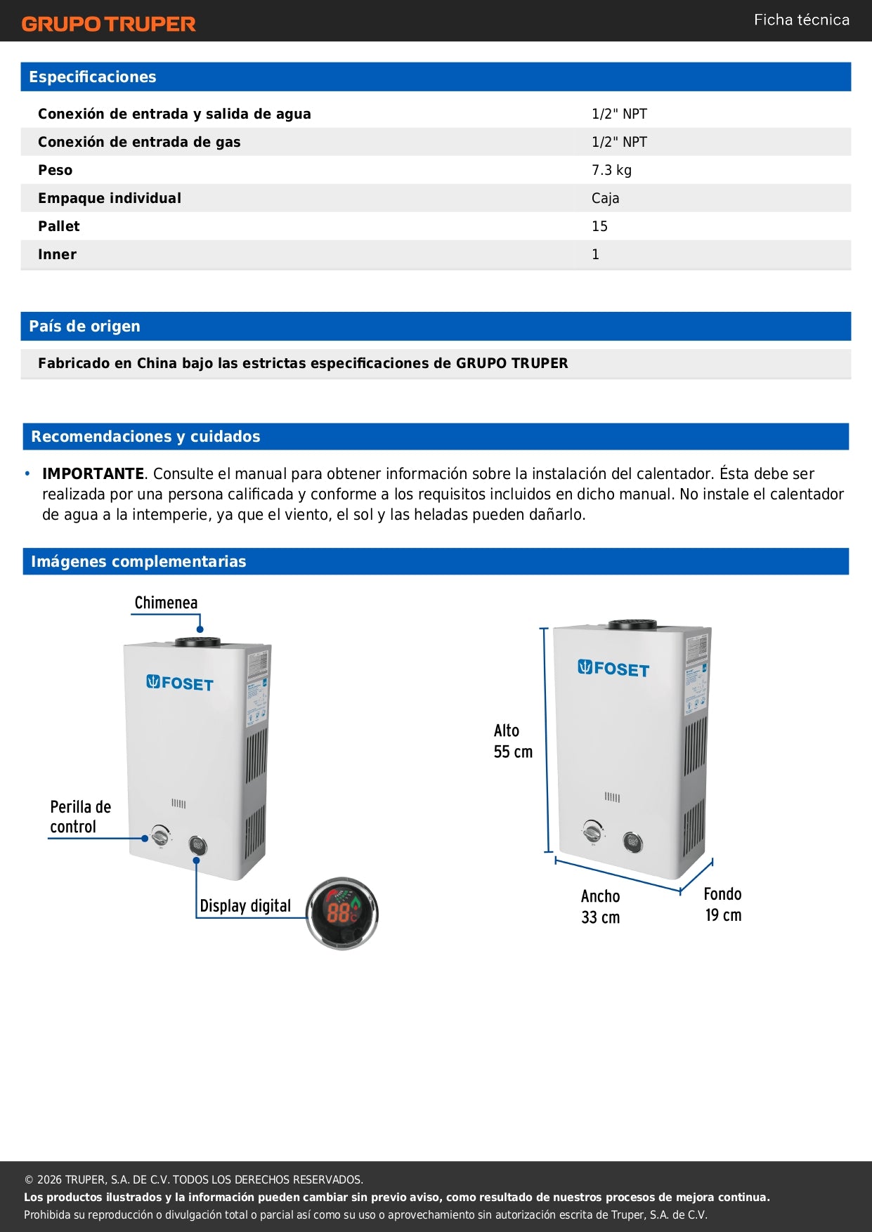 Calentador instantáneo, 11L, 2 servicios, gas LP, FOSET