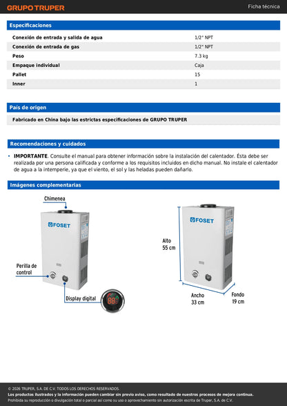 Calentador instantáneo, 11L, 2 servicios, gas LP, FOSET