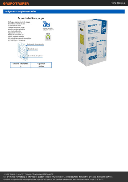Calentador instantáneo, 11L, 2 servicios, gas LP, FOSET