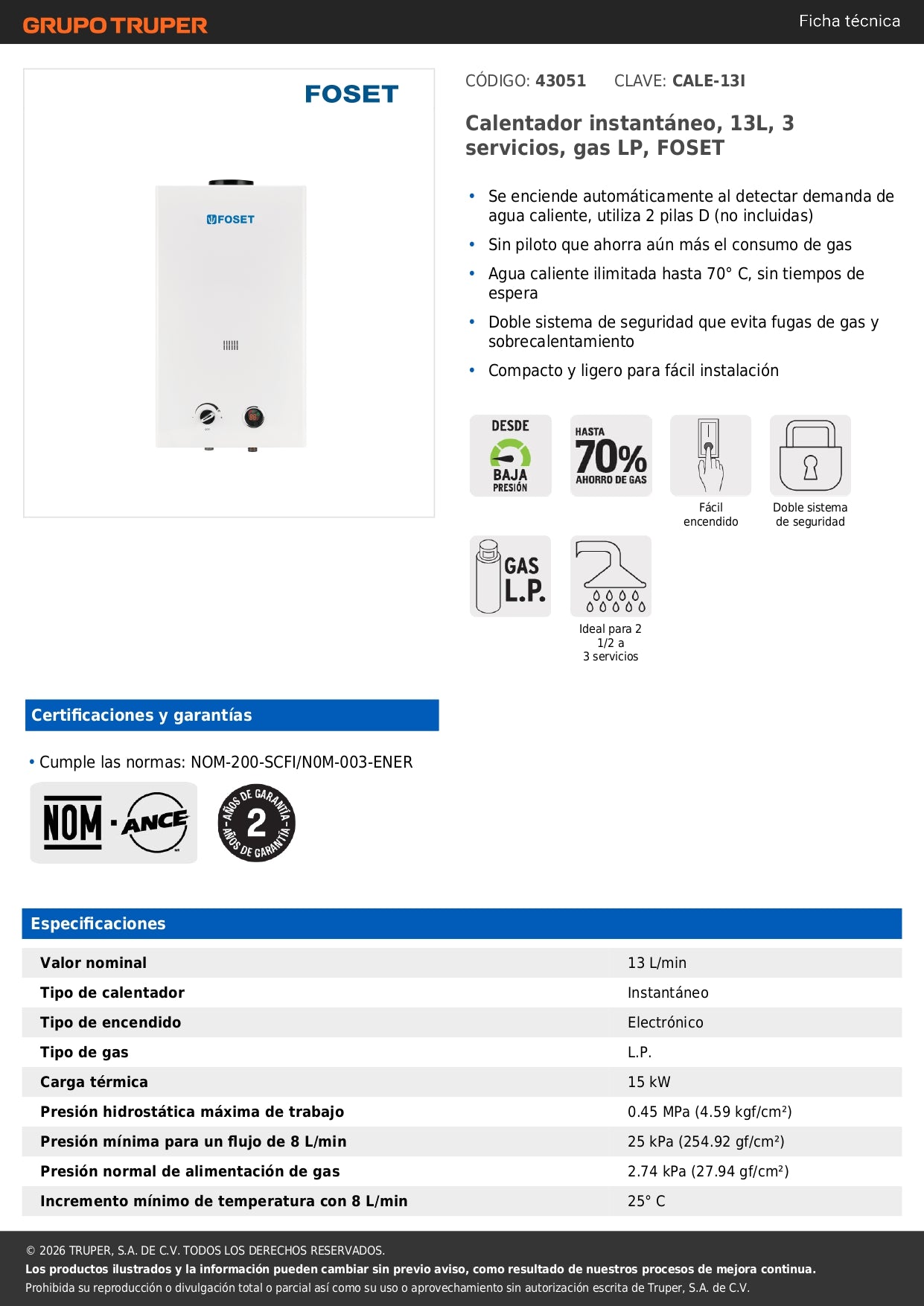 Calentador instantáneo, 13L, 3 servicios, gas LP, FOSET