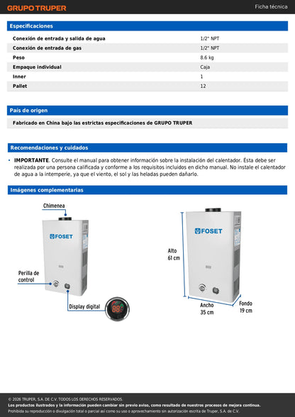 Calentador instantáneo, 13L, 3 servicios, gas LP, FOSET