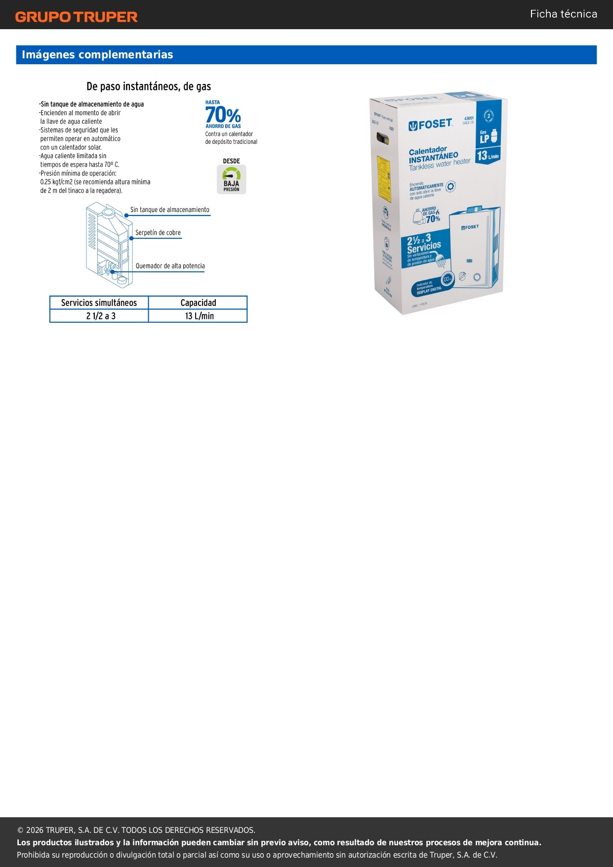 Calentador instantáneo, 13L, 3 servicios, gas LP, FOSET