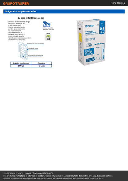 Calentador instantáneo, 13L, 3 servicios, gas LP, FOSET