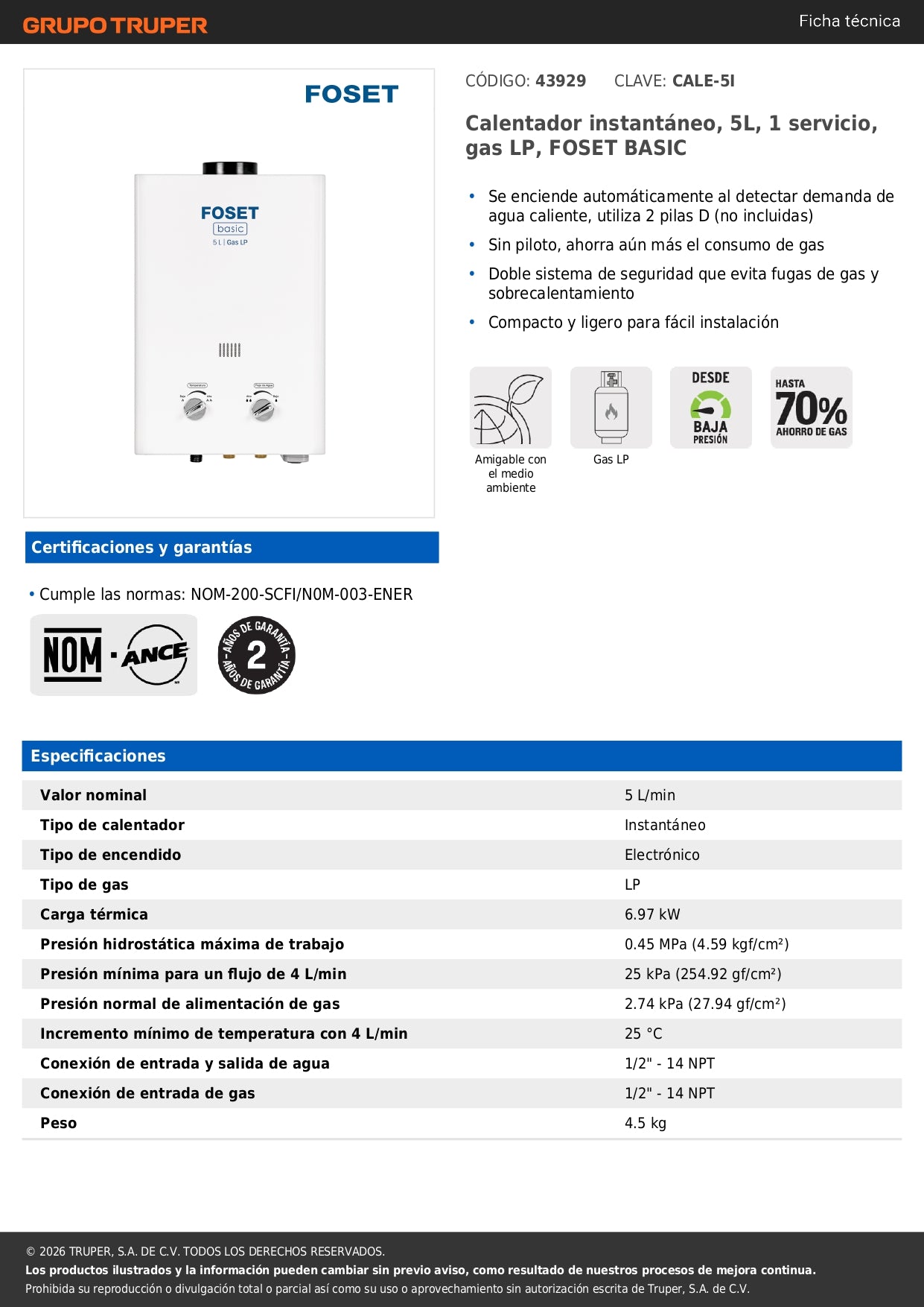 Calentador instantáneo, 5L, 1 servicio, gas LP, FOSET BASIC
