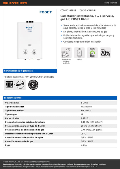 Calentador instantáneo, 5L, 1 servicio, gas LP, FOSET BASIC