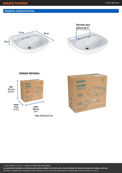 Lavabo Porcelana Blanco con Rebosadero FOSET 44002 | Instalación Fácil