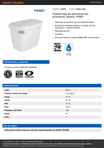 Tanque Bajo de Porcelana Blanco con Accesorios FOSET 44008