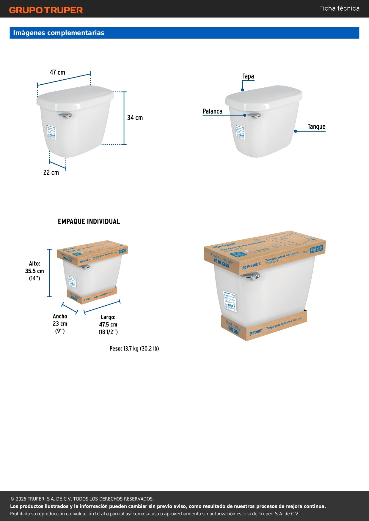 Tanque Bajo de Porcelana Blanco con Accesorios FOSET 44008