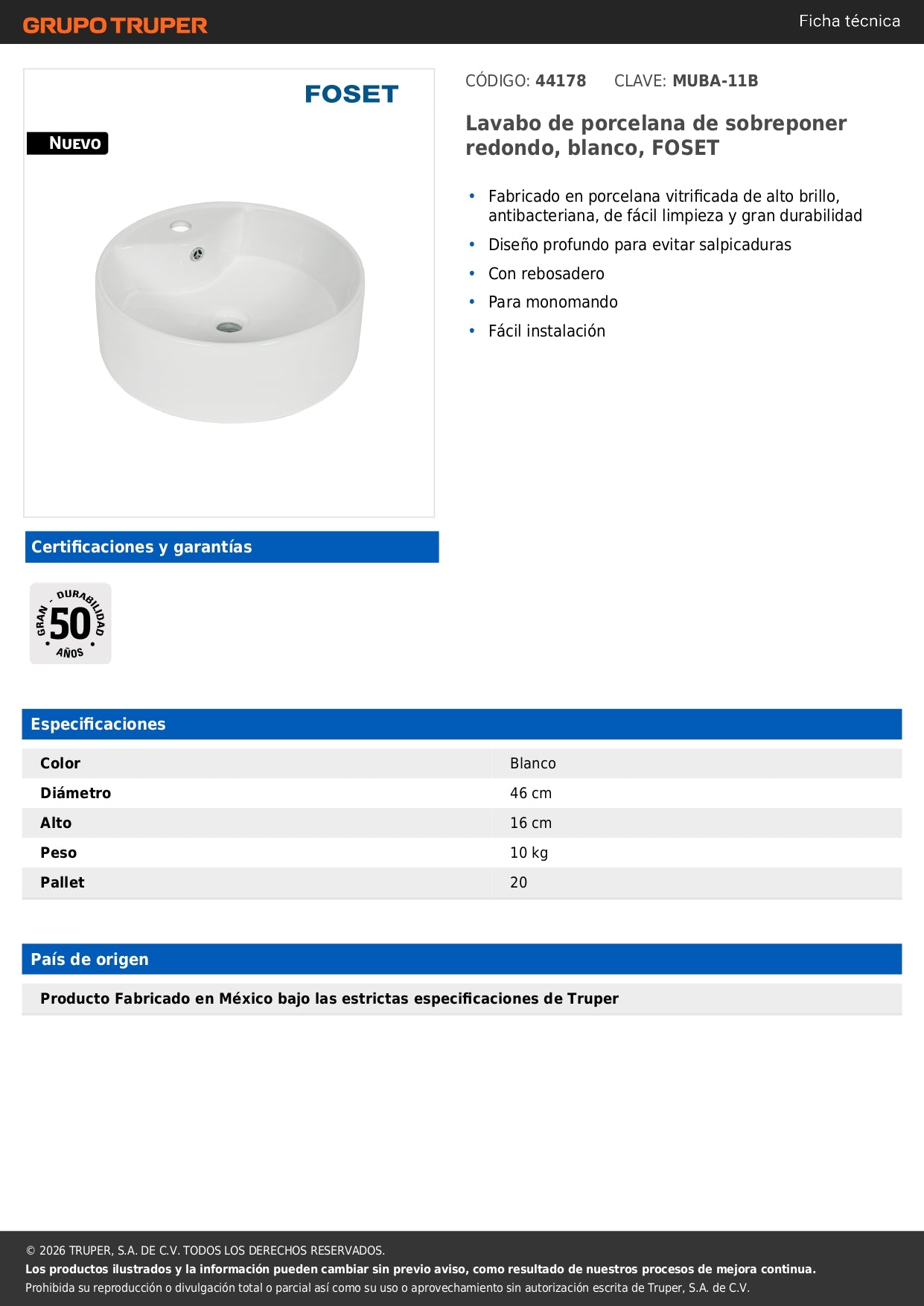 Lavabo Sobreponer Redondo Blanco Porcelana FOSET - Baño Moderno