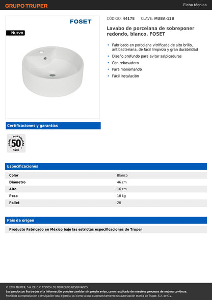 Lavabo Sobreponer Redondo Blanco Porcelana FOSET - Baño Moderno