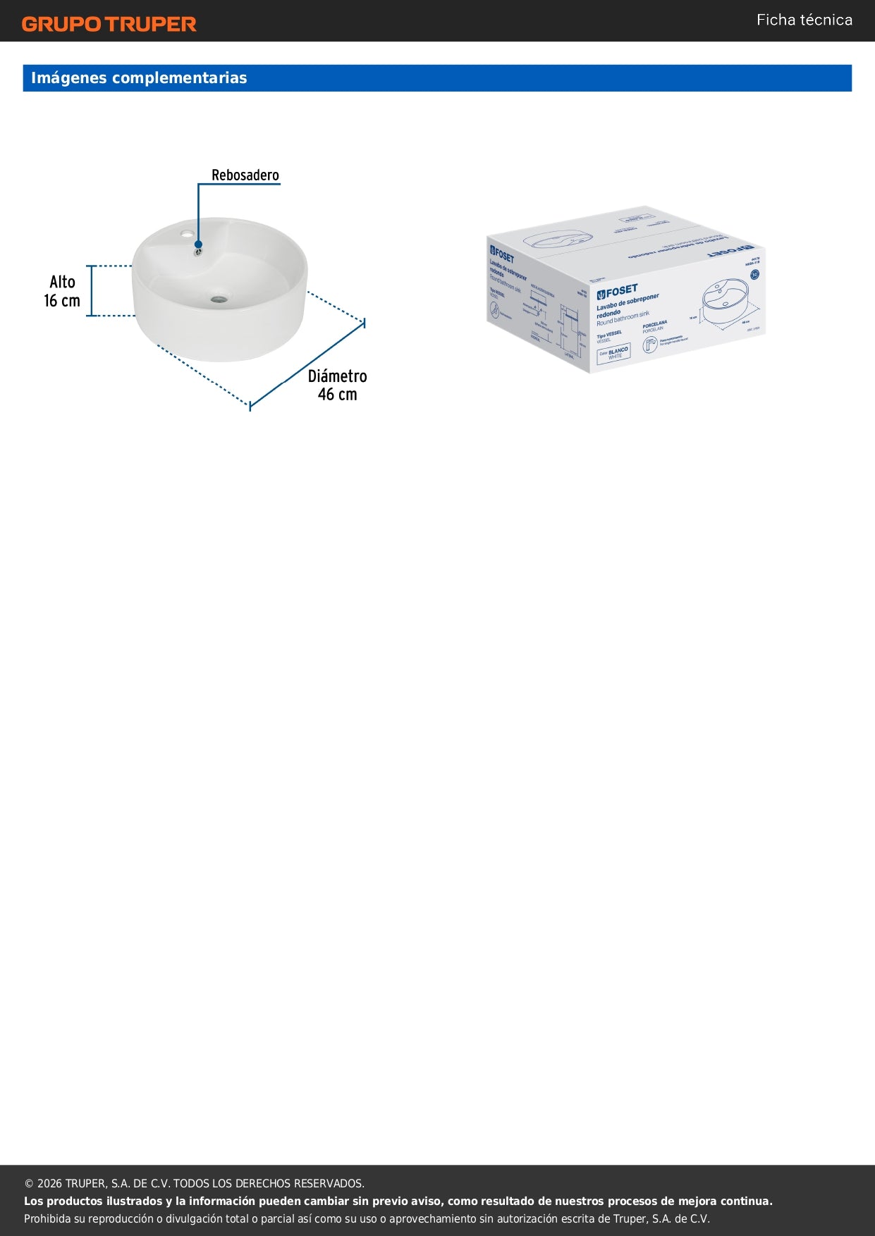 Lavabo Sobreponer Redondo Blanco Porcelana FOSET - Baño Moderno