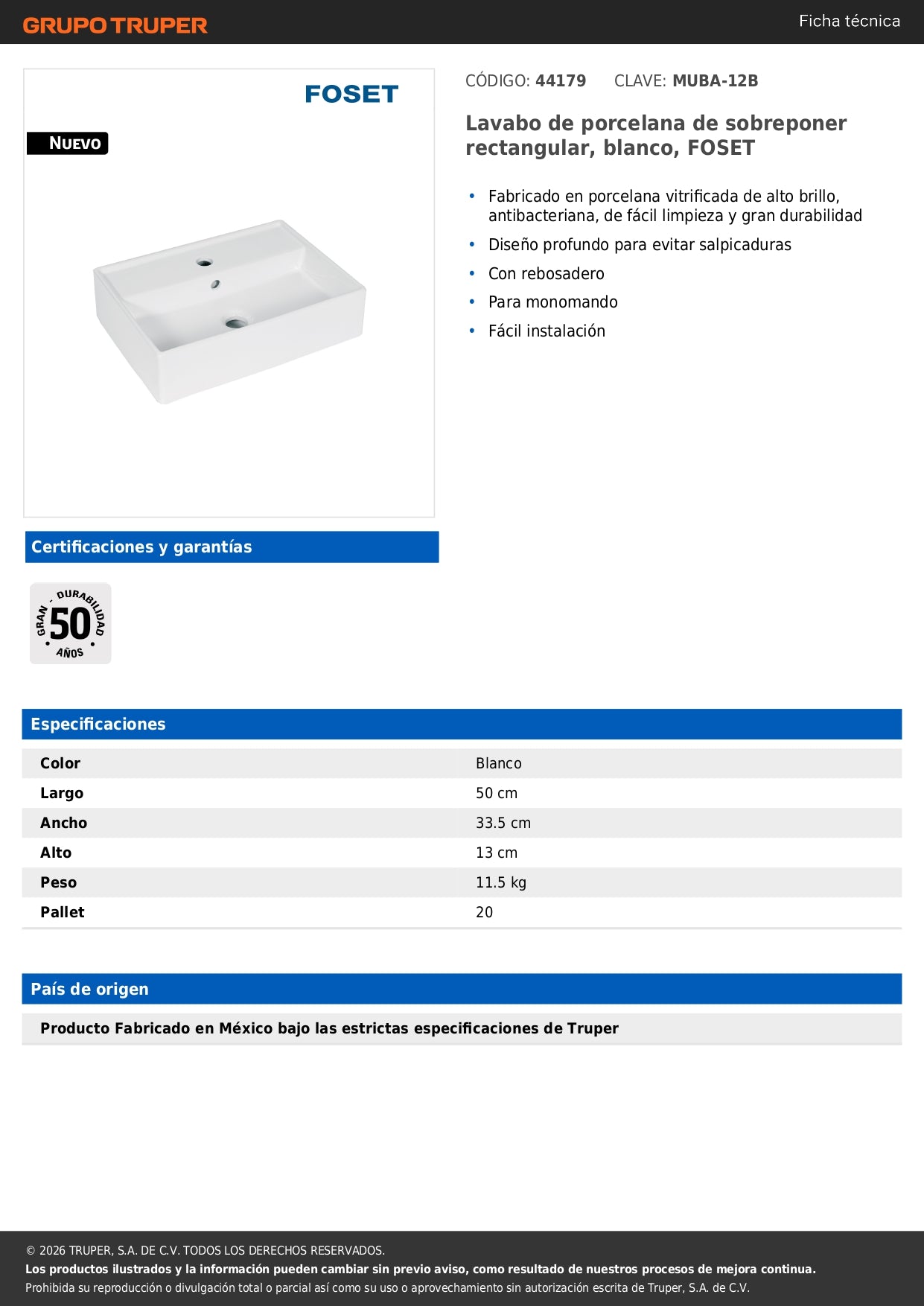 Lavabo Rectangular Sobreponer Porcelana Blanco