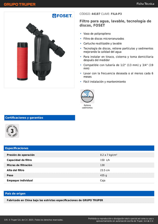 Elimina Sedimentos y Partículas del Agua - Filtro FOSET Protege tu Familia de Agua Contaminada