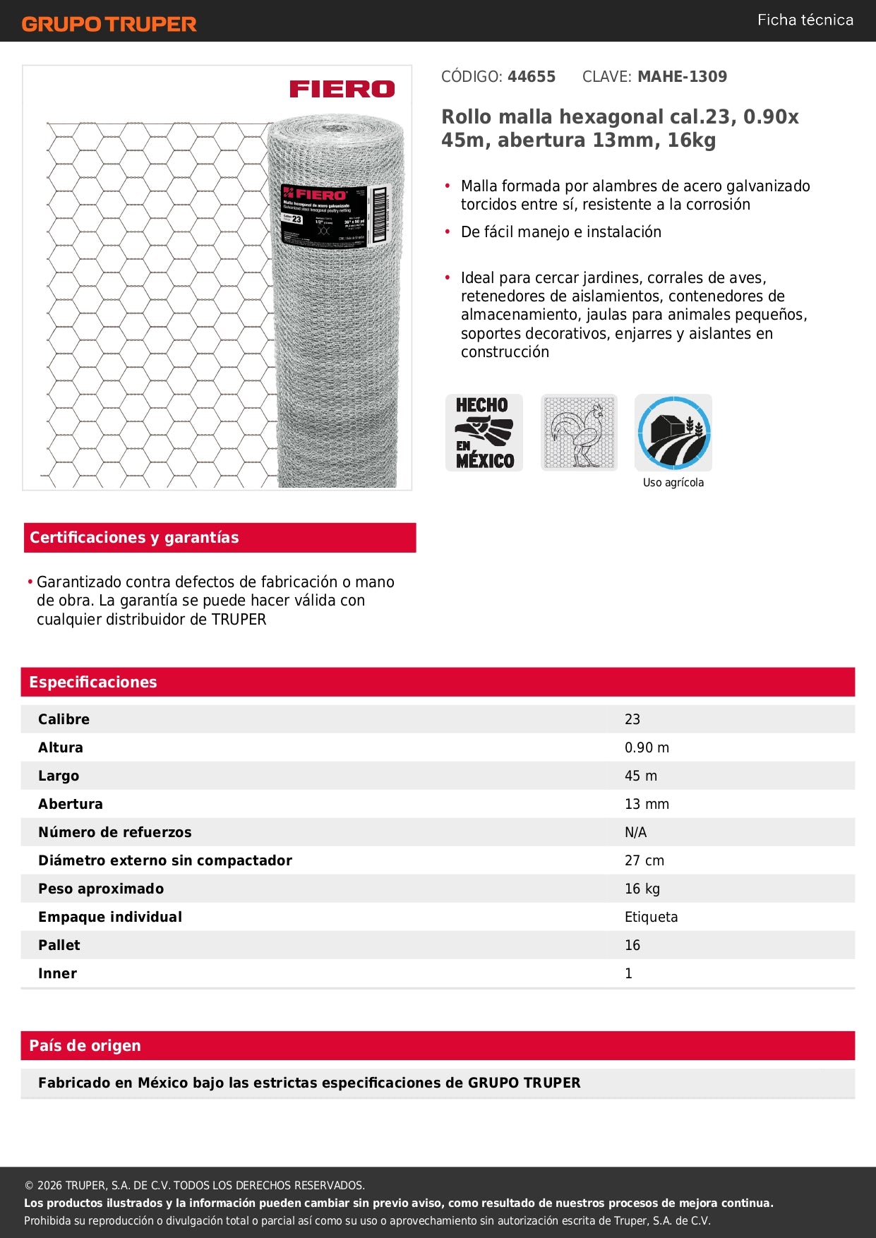 Tela de Pollo Galvanizada Cal.23 - Rollo 0.90x45m para Cercado y Protección de Perímetros