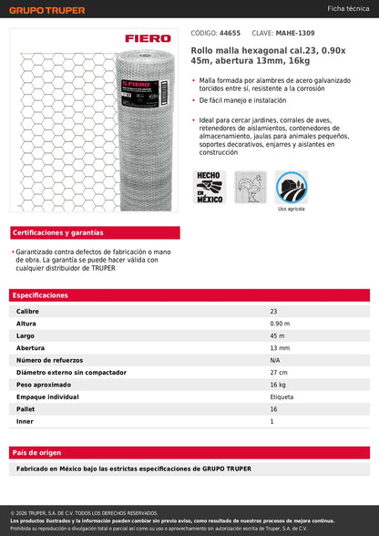 Tela de Pollo Galvanizada Cal.23 - Rollo 0.90x45m para Cercado y Protección de Perímetros