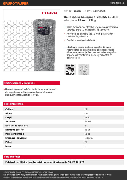 Tela de Pollo Galvanizada Cal.22 - Rollo 1x45m para Cercado, Delimitación y Protección de Áreas