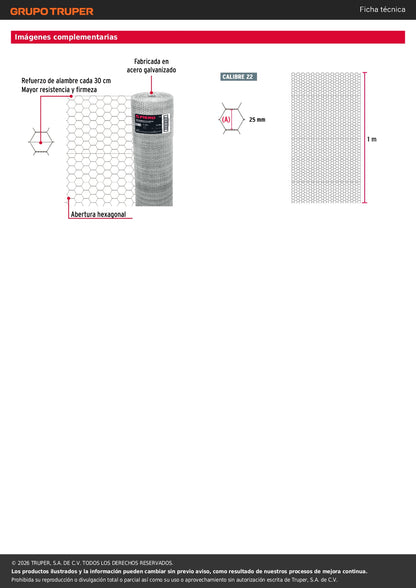 Tela de Pollo Galvanizada Cal.22 - Rollo 1x45m para Cercado, Delimitación y Protección de Áreas