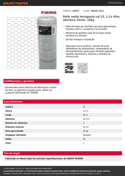 Tela de Pollo Galvanizada Cal.22 - Rollo 1.2x45m para Cercado, Corrales y Delimitación de Áreas