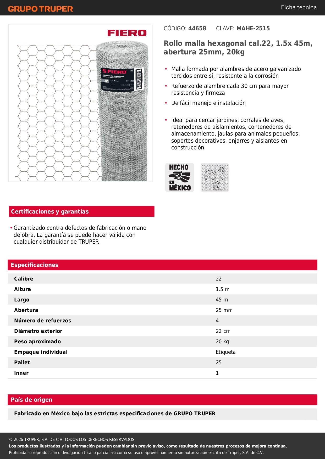 Tela de Pollo Galvanizada Cal.22 - Rollo 1.5x45m para Cercado, Corrales y Protección de Áreas Grandes