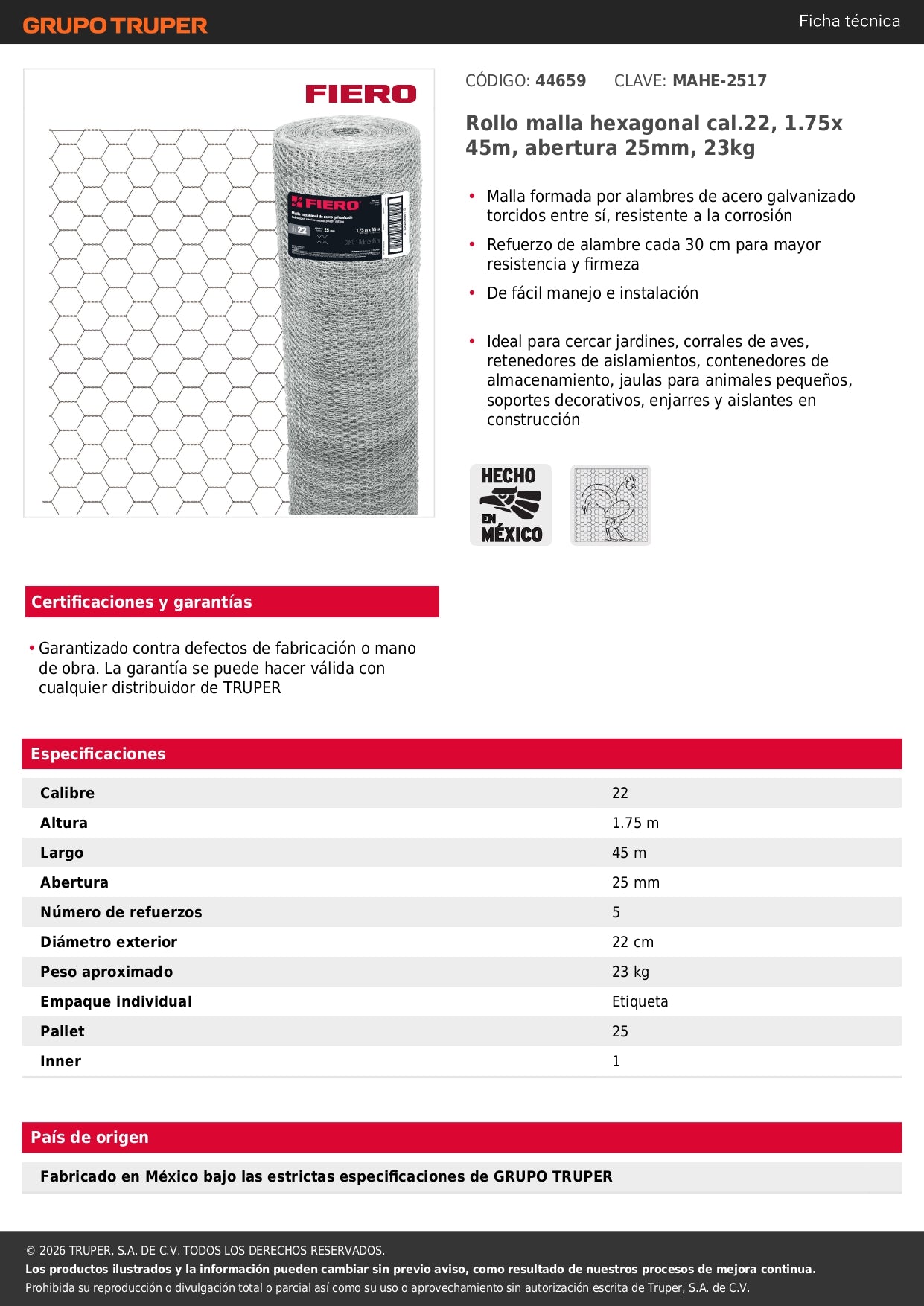 Tela de Pollo Galvanizada Cal.22 - Rollo 1.75x45m para Cercado, Corrales y Protección de Áreas Extensas