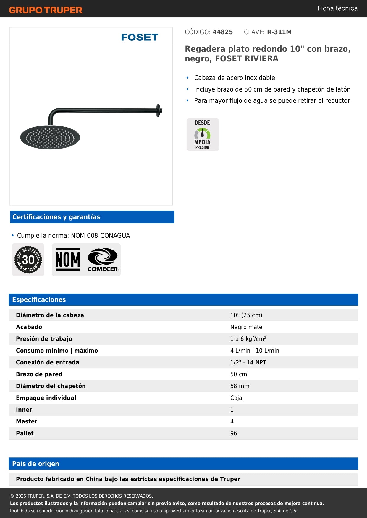 Regadera Ducha 10 Pulgadas Plato Redondo Negro FOSET RIVIERA con Brazo