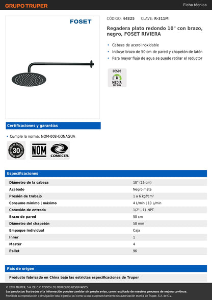 Regadera Ducha 10 Pulgadas Plato Redondo Negro FOSET RIVIERA con Brazo