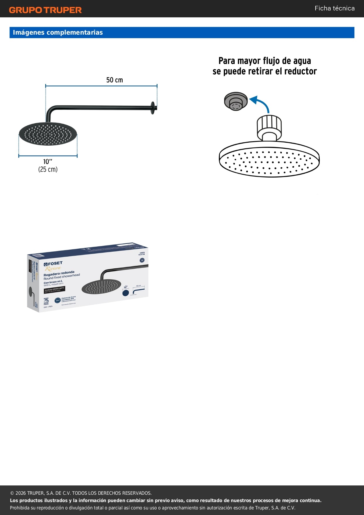 Regadera Ducha 10 Pulgadas Plato Redondo Negro FOSET RIVIERA con Brazo