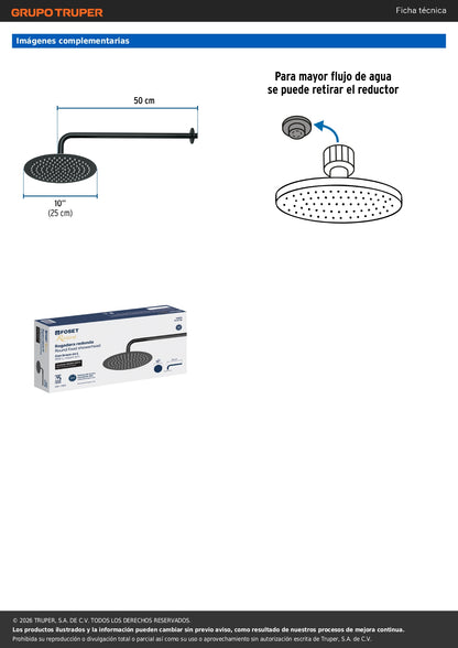 Regadera Ducha 10 Pulgadas Plato Redondo Negro FOSET RIVIERA con Brazo