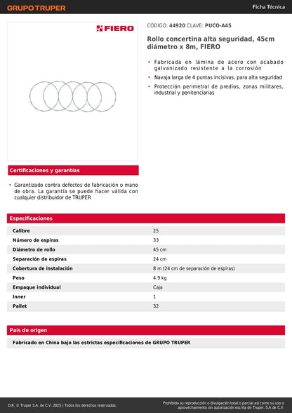 Rollo concertina alta seguridad, 45cm diámetro x 8m, Protección perimetral de predios