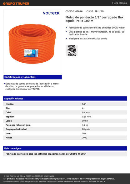 Poliducto Corrugado 1/2" con Guía 100m TRUPER® - Protección Cables Eléctricos