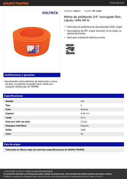 Poliducto Corrugado 3/4 con Guía 50m | Cable Eléctrico TRUPER®