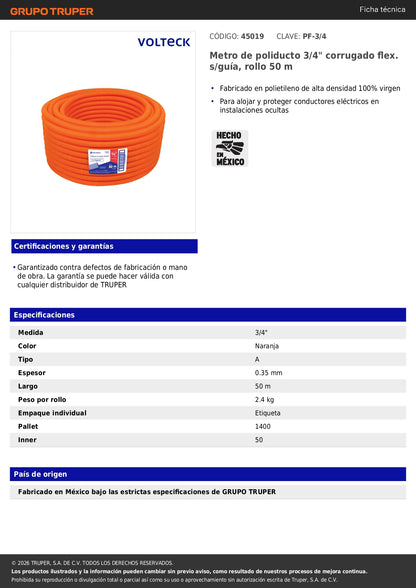 Poliducto 3/4 Pulgadas Corrugado Flexible sin Guía - Rollo 50 Metros TRUPER