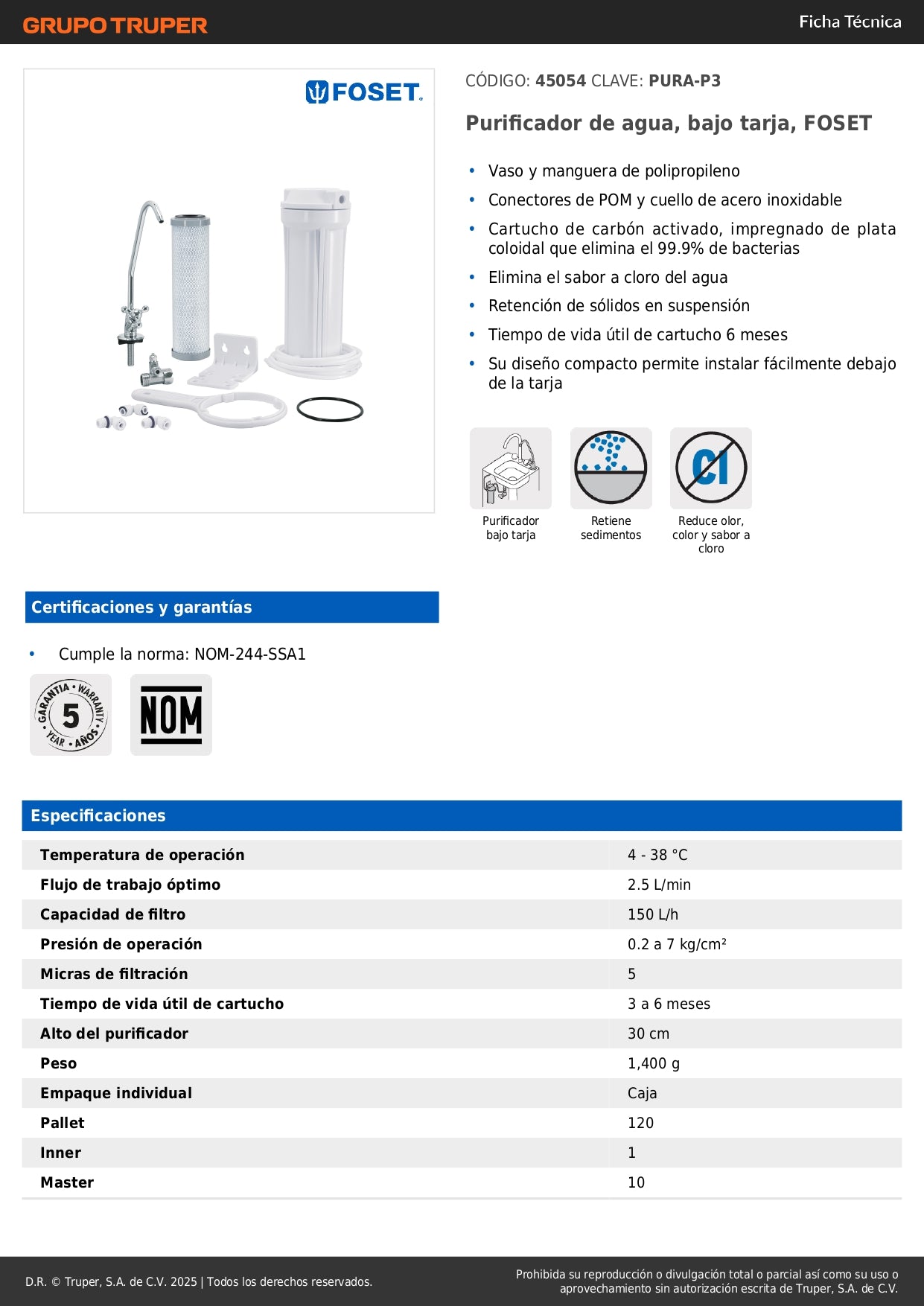 Purificador de Agua Bajo Tarja FOSET PURA-P3 - Elimina 99.9% Bacterias y Cloro - Carbón Activado con Plata Coloidal