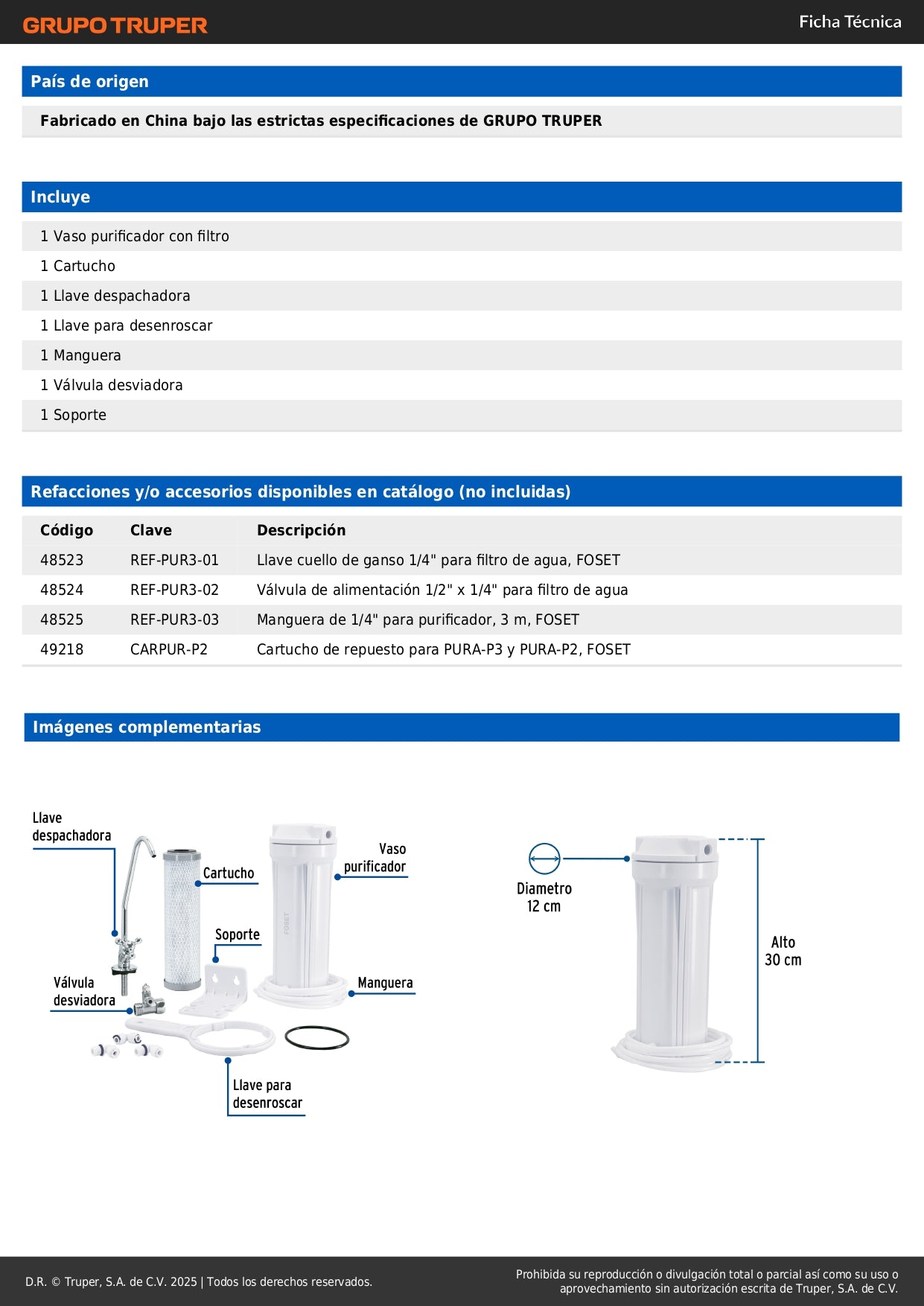 Purificador de Agua Bajo Tarja FOSET PURA-P3 - Elimina 99.9% Bacterias y Cloro - Carbón Activado con Plata Coloidal