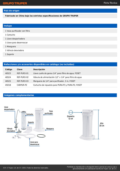 Purificador de Agua Bajo Tarja FOSET PURA-P3 - Elimina 99.9% Bacterias y Cloro - Carbón Activado con Plata Coloidal