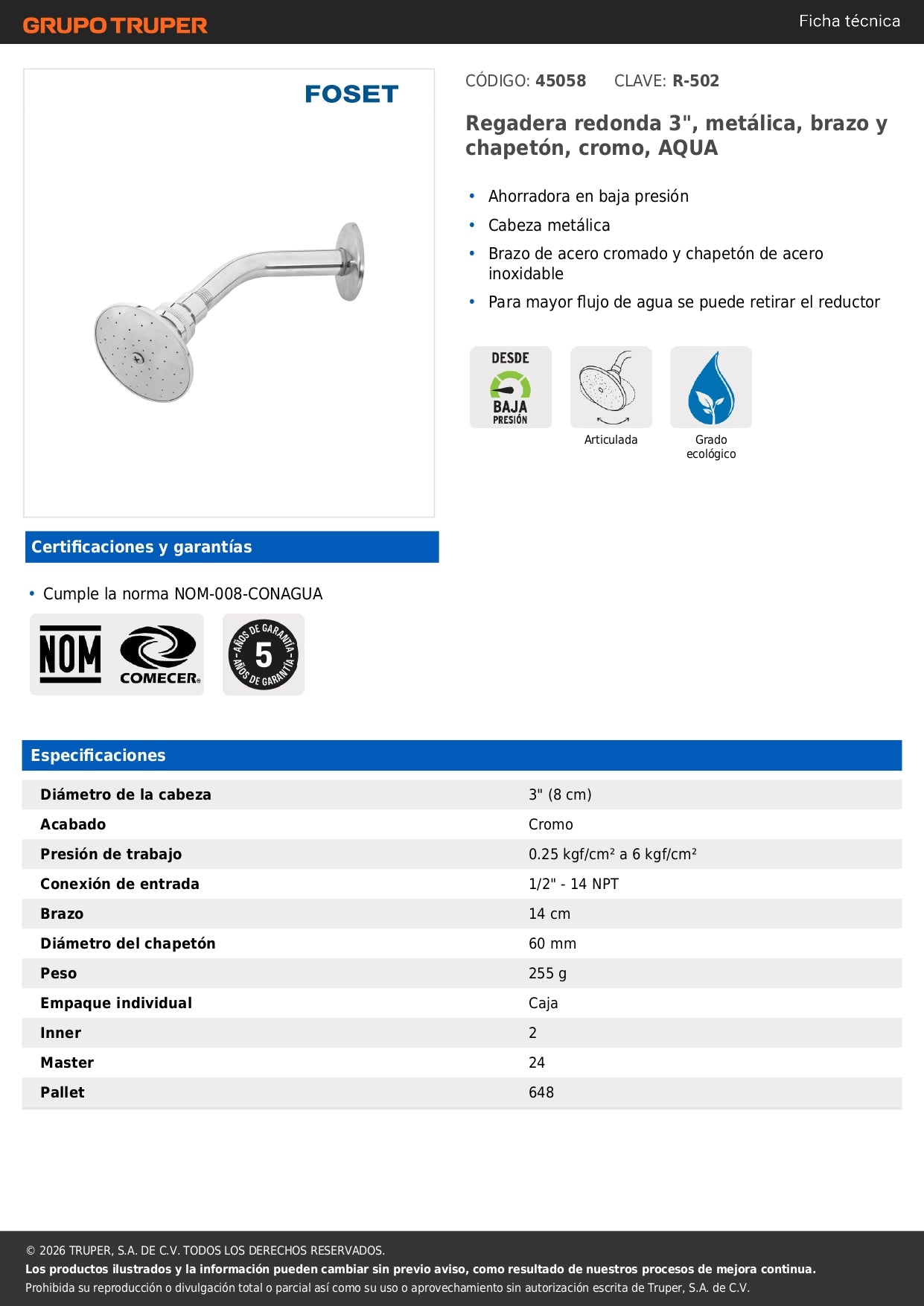 Regadera Metálica Cromada 3" con Brazo Ajustable AQUA | FOSET®