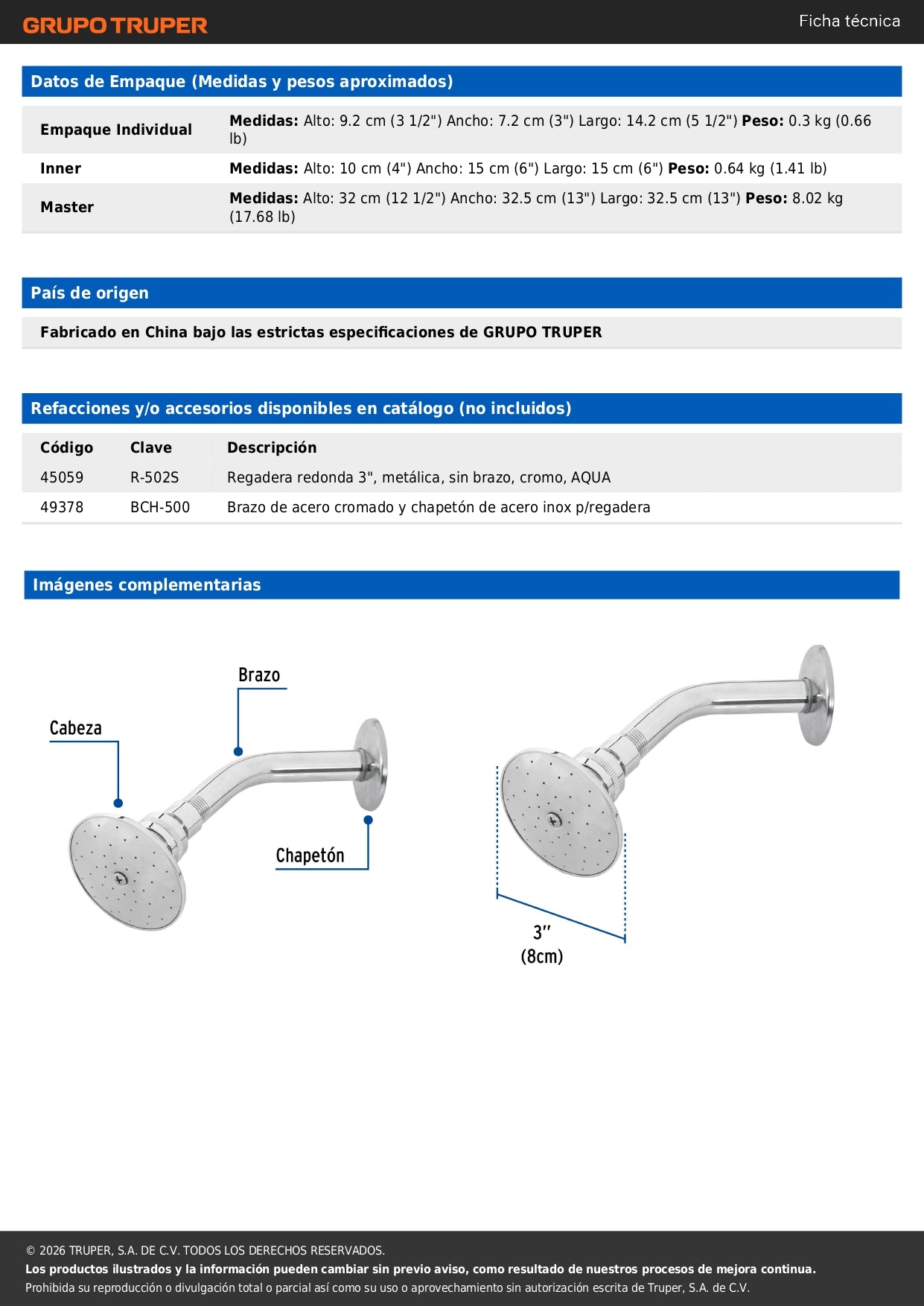 Regadera Metálica Cromada 3" con Brazo Ajustable AQUA | FOSET®