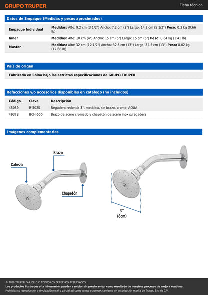 Regadera Metálica Cromada 3" con Brazo Ajustable AQUA | FOSET®