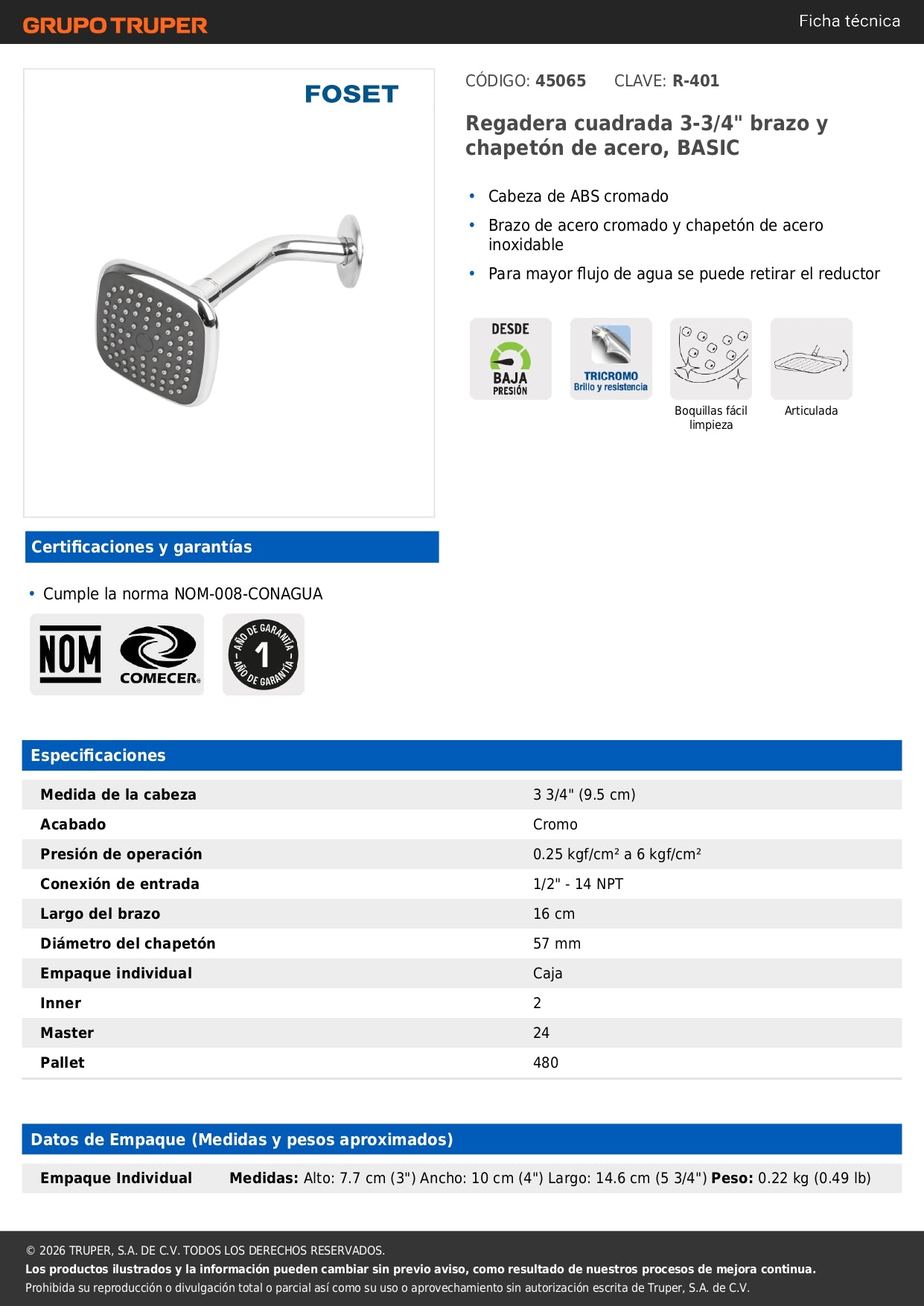 Regadera Cuadrada 3-3/4" Acero Inoxidable FOSET BASIC - Brazo Ajustable