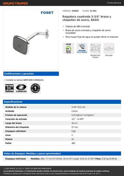 Regadera Cuadrada 3-3/4" Acero Inoxidable FOSET BASIC - Brazo Ajustable