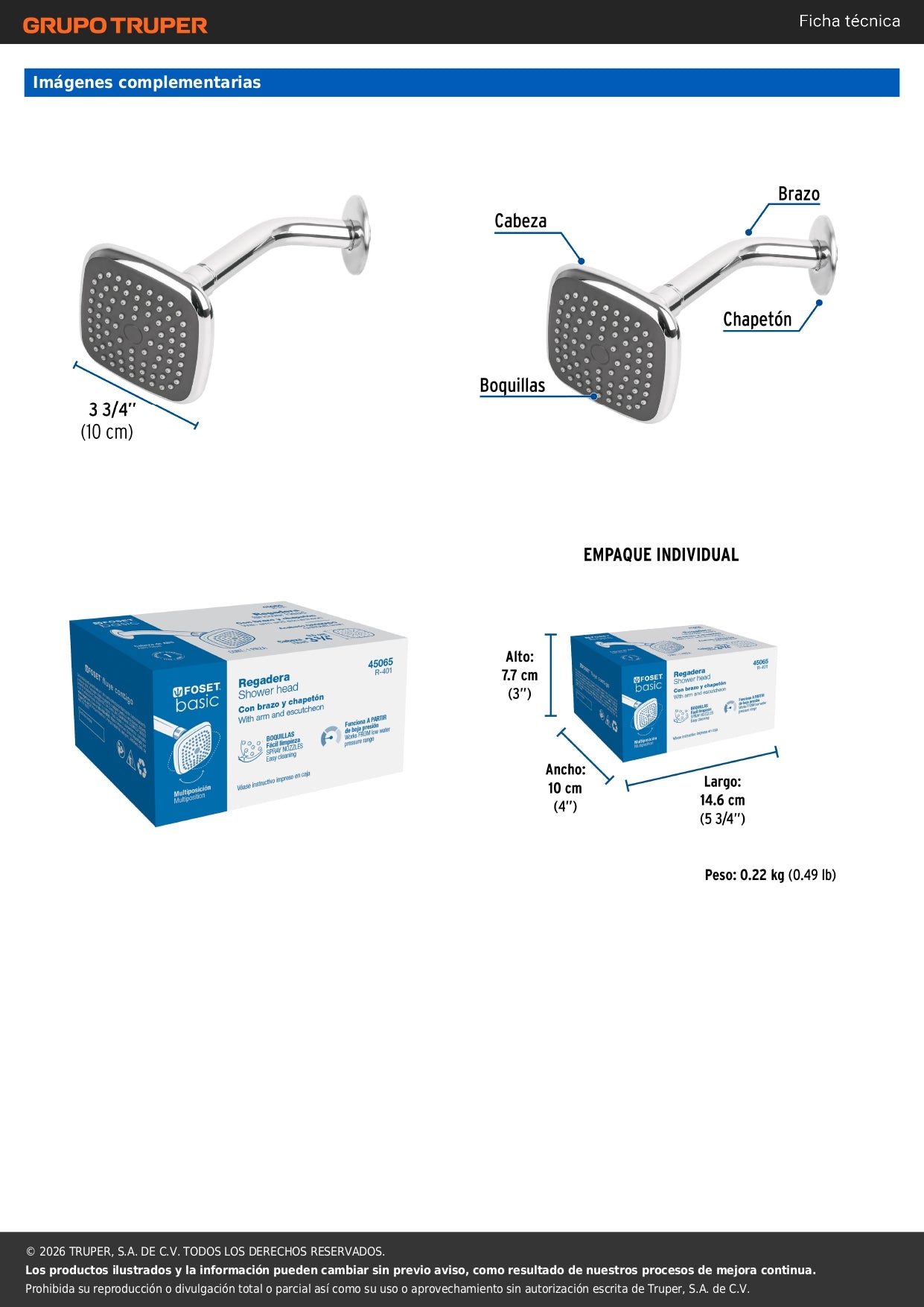 Regadera Cuadrada 3-3/4" Acero Inoxidable FOSET BASIC - Brazo Ajustable