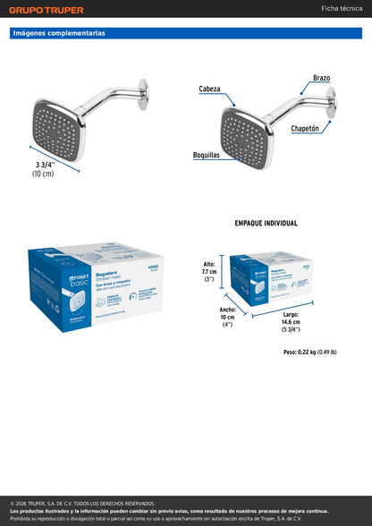 Regadera Cuadrada 3-3/4" Acero Inoxidable FOSET BASIC - Brazo Ajustable