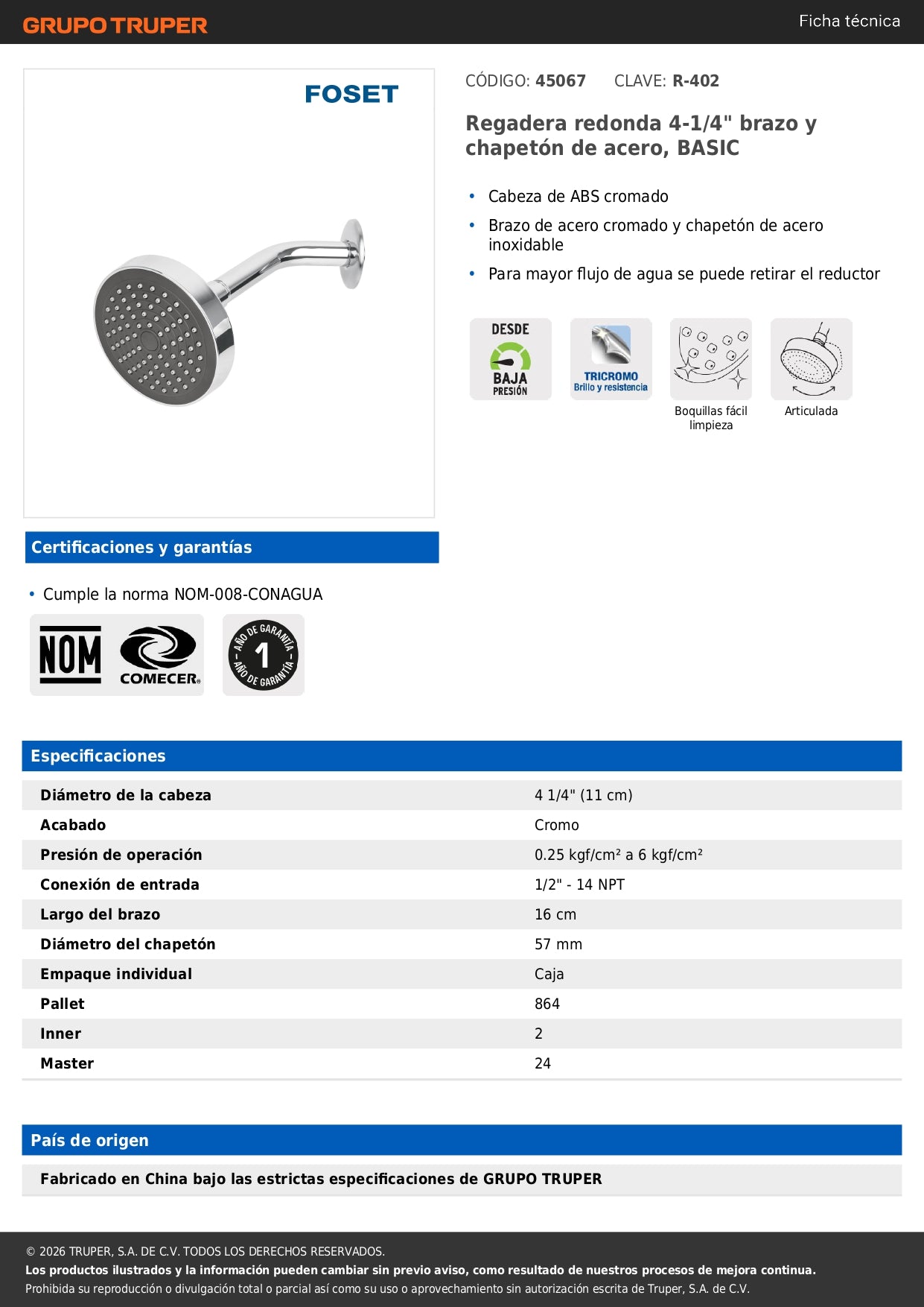 Regadera Redonda 4-1/4 Pulgadas Brazo y Chapetón de Acero Inoxidable BASIC FOSET