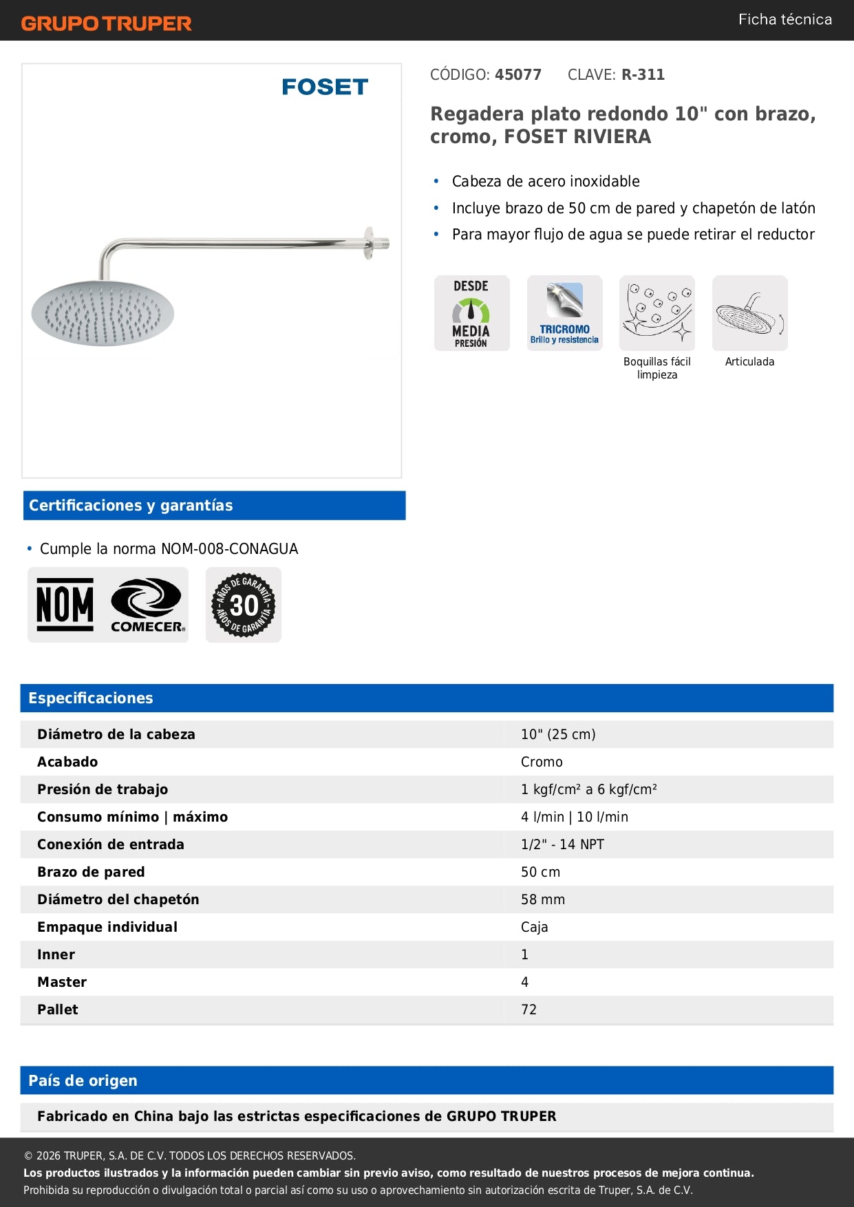 Regadera Plato Redondo 10 Pulgadas Cromada con Brazo FOSET RIVIERA - Regadera de Baño