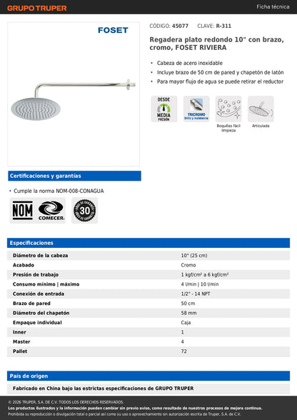 Regadera Plato Redondo 10 Pulgadas Cromada con Brazo FOSET RIVIERA - Regadera de Baño