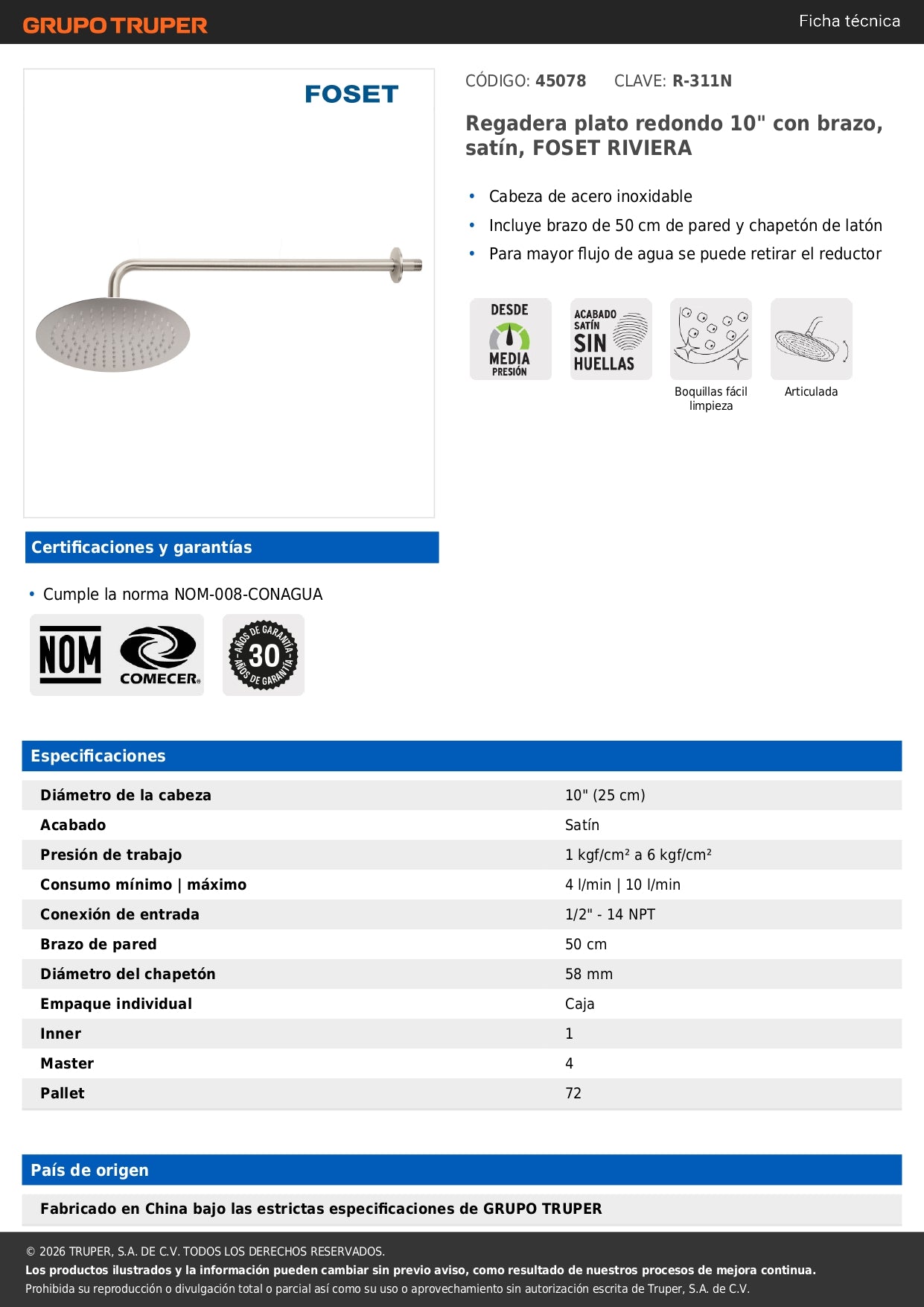 Regadera FOSET RIVIERA 10 Pulgadas con Brazo Ajustable Acabado Satín