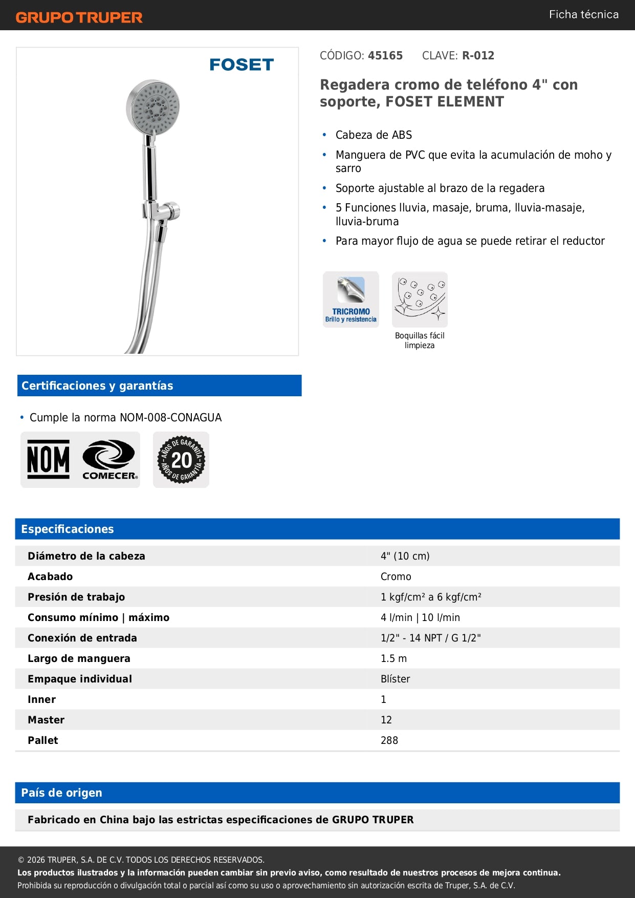 Regadera Teléfono 4 Pulgadas Cromada con Soporte FOSET ELEMENT - Regadera de Mano