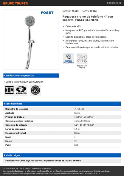 Regadera Teléfono 4 Pulgadas Cromada con Soporte FOSET ELEMENT - Regadera de Mano
